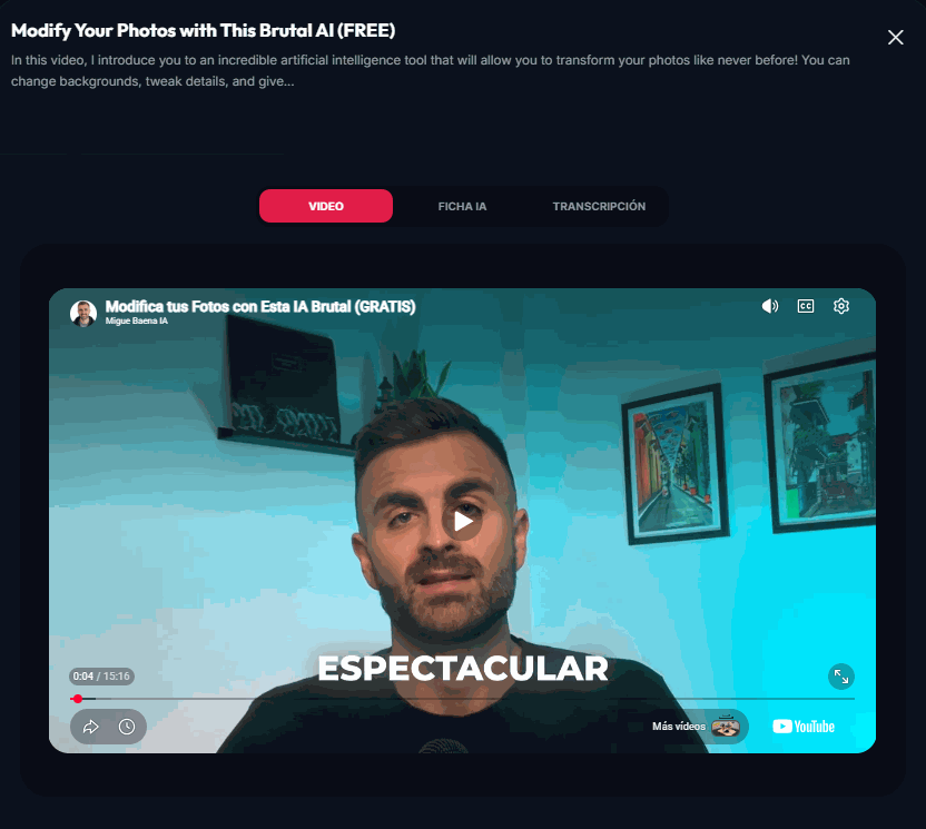 Demostración de pestañas del modal (Vídeo, Ficha IA y Transcripción)